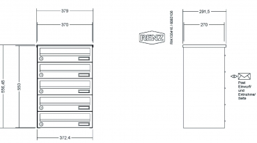 RENZ Briefkastenanlage, Aufputz, Classic Basic B, Edelstahl V4A, Kastenformat 370x110x270mm, 5-teilig